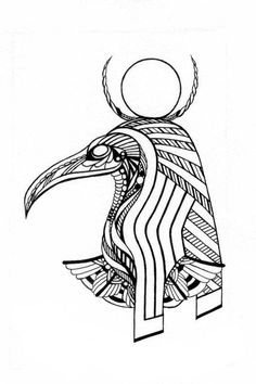 a black and white drawing of a bird with a sun on it's head