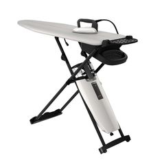 an ironing board is sitting on top of a stand with a white surfboard attached to it