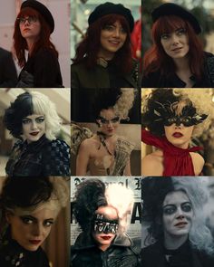 many different pictures of women with black hair and makeup, one is wearing a mask