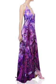 Make a dramatic entrance in a vibrant maxi dress by Kyle x Shahida. 3 Ways to Style Dress that may be as a V-neck, halter neck, or one-shoulder style. Fit: this style is one size fits most. - V-neck - Sleeveless - Beaded halter tie closure - Front and back hook-and-eye closures - V-back - Allover print - Rhinestone embellishments - Lightweight woven construction - Unlined - Approx. 40" shortest length, 62" longest length (size OS) - Imported Fiber Content: 100% Cupro Care: Hand wash cold Additio Bohemian Purple Maxi Dress For Evening, Purple Bohemian Evening Maxi Dress, Bohemian Purple Evening Maxi Dress, Bohemian Halter Neck Maxi Dress For Evening, Floor-length Purple Maxi Dress For Summer, Purple Maxi Dress For Summer Evening, Purple Floor-length Maxi Dress For Summer, Summer Evening Purple Maxi Dress, Purple Halter Neck Maxi Dress For Evening