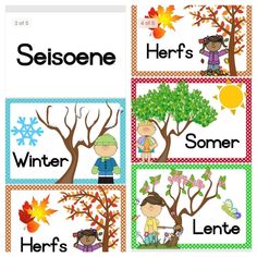 four different seasons cards with the words season, here's winter and herts