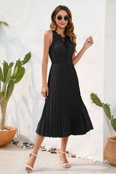 Features: Tied  Sheer: Opaque  Stretch: No stretch  Body: Not lined  Material composition: 100% polyester  Care instructions: Machine wash cold. Tumble dry low.  Imported  Product measurements: S:Bust 37.80 in, Waist 25.59 in, Length 47.24 in M:Bust 39.76 in, Waist 27.56 in, Length 48.03 in L:Bust 41.73 in, Waist 29.53 in, Length 48.82 in XL:Bust 43.70 in, Waist 31.50 in, Length 49.61 in Style Vision Board, Swiss Dot Fabric, Black Pleated Dress, Maxi Dress Formal, Pleated Midi Dress, Stylish Clothes For Women, Stylish Clothes, Feminine Dress, Swiss Dot