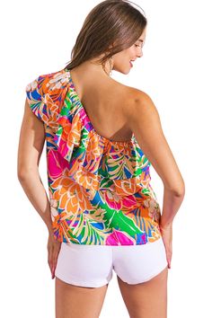 Unleash your inner fashionista with our Perfect Floral One Shoulder Top. This unique top features a playful pink, orange, and cobalt abstract floral print that is sure to make a statement. The one shoulder and ruffle details add an extra touch of fun and flair to this must-have piece. 100% Polyester Model is 5'8" Wearing Small Approx Length 24" Casual Blouse Shirts, Crop Blazer, Unique Top, One Shoulder Top, Abstract Floral Print, Denim Shoes, Woven Top, One Shoulder Tops, Short Rompers