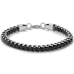 Handsome men's bracelet in black coated stainless steel is 8.5 inches long with an oversized clasp. Modern Stainless Steel Bracelet With Black Band, Black Durable Bracelet Jewelry, Black Metal Chain Bracelet With Jubilee Style, Durable Black Bracelet Jewelry, Black Chain Bracelet With Adjustable Stainless Steel Clasp, Modern Black Braided Bracelets With Stainless Steel Clasp, Adjustable Black Chain Bracelet With Stainless Steel Clasp, Modern Stainless Steel Jewelry With Black Band, Modern Black Metal Bracelets