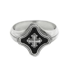 SKU: 30309 Christian Cross Four-clover shape top. Features: Brand new sterling ring silver 925. Not plated, 100% solid silver metal! Approx. weight of the product - 5.6 g.; Finishing options: 1) Silver (blackening by oxidation) 2) Silver (blackening by oxidation) with Black Enamel Availability of proprietary tag manufacturer - Yes; Manufacturing and country of origin - Ukraine; online shop - www.indigo.jewelry custom orders - www.indigo.gold Sterling Silver Signet Ring With Black Enamel As Gift, Formal Silver Ring With Black Enamel, Polished Sterling Silver Enamel Ring In White Gold, Sterling Silver White Gold Enamel Ring With Polished Finish, Polished White Gold Enamel Ring In Sterling Silver, White Gold Enamel Ring With Polished Sterling Silver, Sterling Silver Rings With Black Enamel For Gift, Classic Sterling Silver Enamel Ring For Anniversary, Silver Sterling Silver Signet Ring With Black Enamel