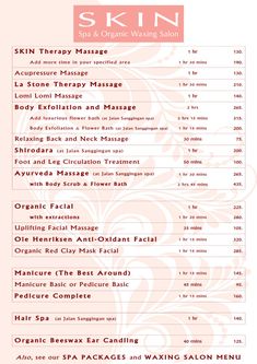 Price List : Massage, Facial, Manicure, Pedicure, Hair, Ear Candling -- SKIN Spa and Organic Waxing Salon, Ubud, Bali Bali Spa, Lomi Lomi, Waxing Salon, Ear Candling, Massage Business, Acupressure Massage, Brazilian Waxing, Flower Bath