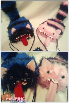 three different types of stuffed animals with mouths and fangs on their faces, one is wearing headphones