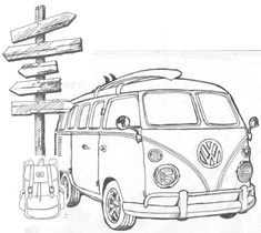 a drawing of a vw bus parked in front of a street sign