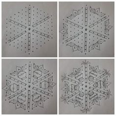 four different drawings of snowflakes with dots and lines drawn on them, each showing the same pattern