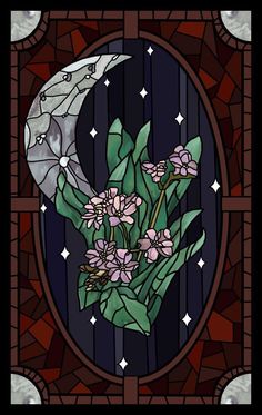 a stained glass window with flowers and a moon in the center, on a black background