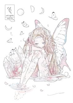 a drawing of a fairy sitting on the ground