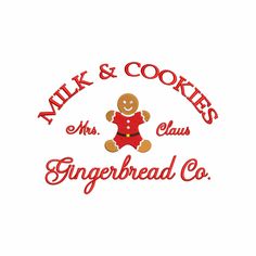 the logo for milk and cookies gingerbread co, with a ginger on it's chest