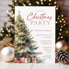 a christmas party flyer is shown with presents on the table next to it and a pine tree