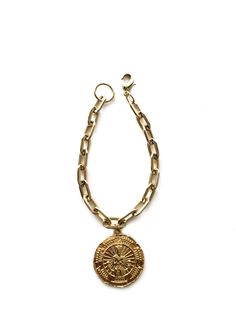 18k Goldfilled bracelet with gold plated brass charm Coin length 1" 14k Gold Medallion Amulet Jewelry, 14k Gold Amulet Medallion Jewelry, Everyday Medallion Jewelry With Charms, Adjustable Gold Chain Bracelet Nickel-free, Adjustable Gold Chain Bracelet Nickel Free, Spiritual Style Gold-plated Tarnish Resistant Jewelry, Gold Plated Oval Link Charm Jewelry, Spiritual Gold Plated Tarnish Resistant Jewelry, Spiritual Gold-plated Tarnish-resistant Jewelry