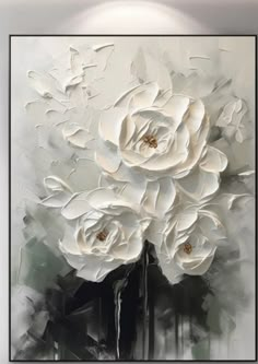 an abstract painting with white flowers in black and white