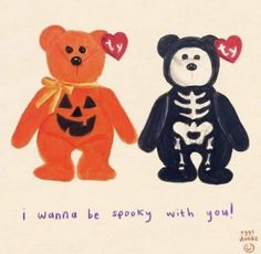 two teddy bears wearing halloween costumes, one with a heart and the other with a skeleton