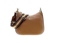 This classic crossbody bag from Prada is crafted from supple brown Vitello Phenix leather, finished with the signature Prada logo plaque with gold-tone hardware.  Featuring a dark brown, tan, and cream web striped strap, this versatile bag can be adjusted to your preferred strap length. The spacious interior includes one interior zip pocket and one interior slide pocket with a magnetic snap closure. Elevate your look with this chic and minimal crossbody, only from Prada.    Model: 1BC166  Carame Luxury Leather Bags With Logo Strap, Classic Leather Shoulder Bag With Logo Strap, Classic Leather Bag With Logo Strap, Classic Brown Shoulder Bag With Logo Strap, Leather Shoulder Bag With Logo Plaque For Travel, Travel Leather Shoulder Bag With Logo Plaque, Designer Brown Bags With Logo Strap, Business Crossbody Shoulder Bag With Logo Plaque, Classic Formal Bag With Logo Strap