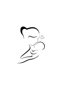 a black and white drawing of a woman holding a baby in her arms with a heart on it