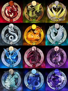 the nine zodiac signs are depicted in different colors and shapes, including one with an animal on it