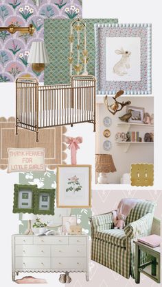 a collage of baby's room and nursery items in pink, green, blue, and gold