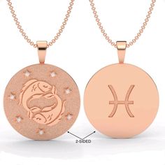 two zodiac sign pendants with diamonds on the bottom and an image of a pisci