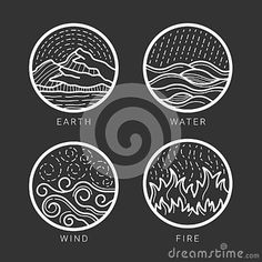 four different types of fire and water in the shape of circles on a black background