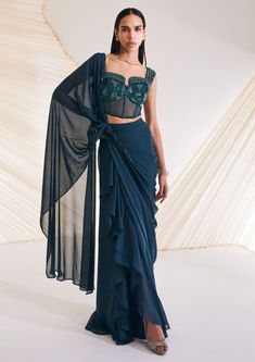 Divya Aggarwal-Hertha Evergreen Embellished Sari With Corset-INDIASPOPUP.COM Pant Saree, Sequin Corset, Neeta Lulla, Green Corset, Corset Blouse, Dance Paintings, Green Tulle, Ruffle Saree, Drape Saree