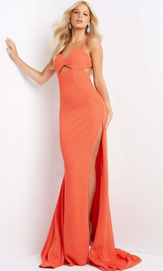 Vibrant and sparkly, this orange glitter prom dress from JVN by Jovani shines in the spotlight. A dramatic cut out creates an open back on this tight prom dress, while a smaller cut out adds a dash of allure to the front of the v-neck bodice. A side slit enhances the sultry appeal of this orange prom dress. Ending in a short train, this JVN by Jovani glitter prom dress is sure to be center stage at formal dances. Please Note: There is an additional charge for sizes 16-24. Cut Out Prom Dresses, Sweetheart Evening Dress, Glitter Prom Dress, Tight Prom Dresses, Orange Prom Dresses, Chic Cocktail Dress, Prom Dresses Jovani, Jovani Dresses, Pure Elegance