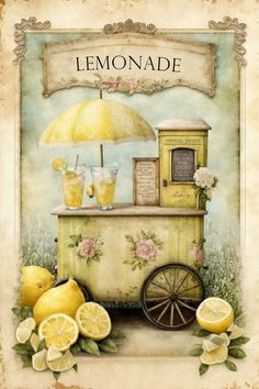 a painting of lemonade on a cart with some lemons and icecream