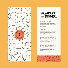 an orange and white brochure with the words breakfast for dinner on it