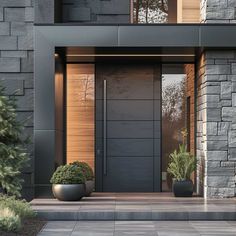 an entrance to a modern home with two planters