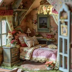 a doll house bedroom with a bed and dresser