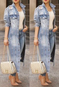 Long Denim Jacket Outfit Winter, Long Jean Jacket Outfits, All Denim Outfits For Women, Denim Long Jacket, Denim Style Casual, Prom Dresses Black, Denim Coat Women, 2024 Prom