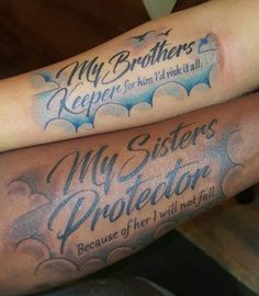 two people with tattoos on their arms that say, my sisters protectors because of her will not fall