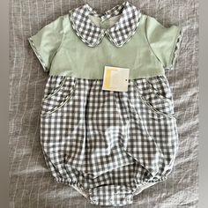 Brand New Adorable Bubble Outfit From Dondolo. Very High Quality And Nice Attention To Detail. Didn’t Get A Chance To Have My Son Wear It, Because His Size Didn’t Fit The Season. Check Out Other Listings For Other Dondolo Bubbles! Fitted Green Bubble Romper For Play, Cute Fitted Bubble Romper, Bubble Outfit, Grey Gingham, Bubble Clothes, Leopard Print Jumpsuit, Halloween Pajamas, Jumpsuit For Kids, Toddler Romper