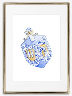 a watercolor painting of a blue and white object with gold lettering on it, in a golden frame