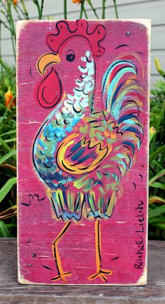 a painting of a rooster on a pink background