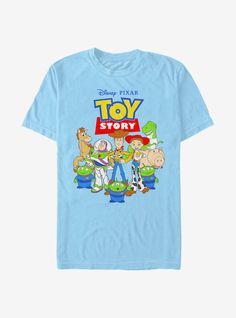 a blue toy story t - shirt with cartoon characters on it