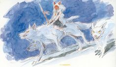 a man riding on the back of a white dog next to two white wolfs