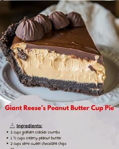 YummyGateway Recipes | Giant Reese’s Peanut Butter Cup Pie | Facebook Giant Reeses Peanut Butter Pie, Giant Peanut Butter Cup, Peanut Butter Pie With Chocolate Ganache, Giant Reese’s Peanut Butter Cup Pie, Resses Dessert Recipes, Reese Pie, Peanut Butter Cup Pie Recipe, Reeses Pie, Reese Peanut Butter Pie