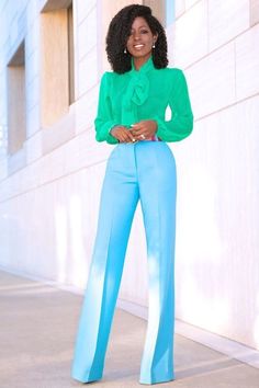 Bright Winter — Spicemarket Colour Office Trousers Women High Waist, Light Blue And Green Outfit, Green And Blue Outfits For Women, Blue Trousers Outfit Women Work Wear, Light Blue Trouser Outfit Women, Light Blue Pants Outfit Women, Wide Leg Trousers Outfit Classy, Light Blue Pants Outfit, Green And Blue Outfit