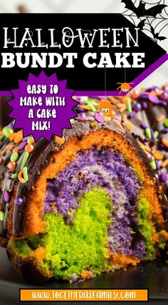 a halloween bundt cake with sprinkles on it and the text overlay reads, halloween bundt cake easy to make with a cake mix