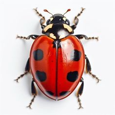 a close up of a red and black beetle