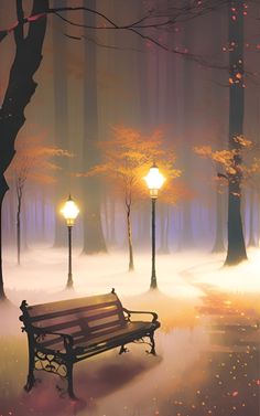 a park bench sitting in the middle of a foggy forest with street lamps on either side