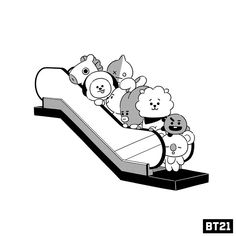 black and white line drawing of children riding on a slide with teddy bears in it