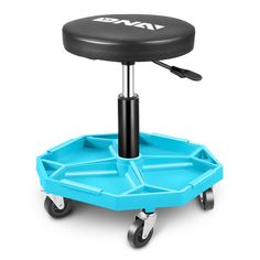 a blue stool with wheels on it