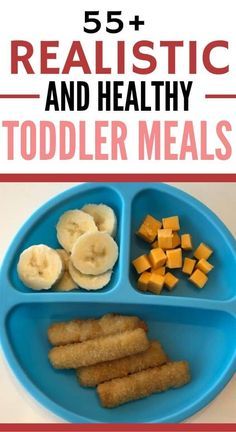 a blue plate with bananas, kiwi and other foods on it that says 5 + realistic and healthy toddler meals