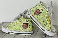 Princess Tiana Custom Converse, Little Kids Shoe Size 10-2 | Little Ladybug Tutus Princess Tiana Costume Toddler, Princess Tiana Custom Shoes, Tiana Princess Birthday Party, Princess Tiana Shoes, Princess Tiana 1st Birthday Party Ideas, Princess Tiana First Birthday Party, Princess Tiana Birthday Party Ideas, Princess And The Frog Birthday Party, Princess Tiana Sweet 16 Ideas