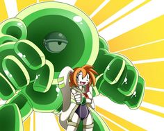 a cartoon character holding a cell phone in front of a giant green object with yellow rays behind it