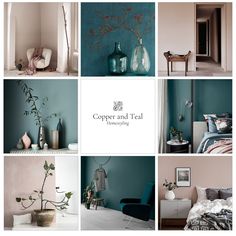 a collage of photos showing different types of furniture and decor in various colors, including teal